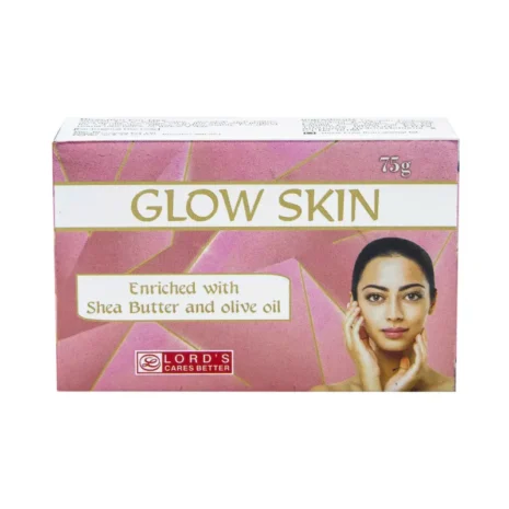 Package design for Glow Skin soap enriched with shea butter and olive oil, featuring a model demonstrating skincare.