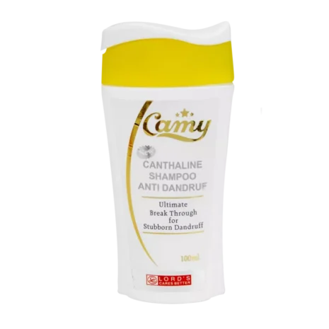 Bottle of Camy Canthaline Anti-Dandruff Shampoo featuring a yellow cap, emphasizing its formula for stubborn dandruff.
