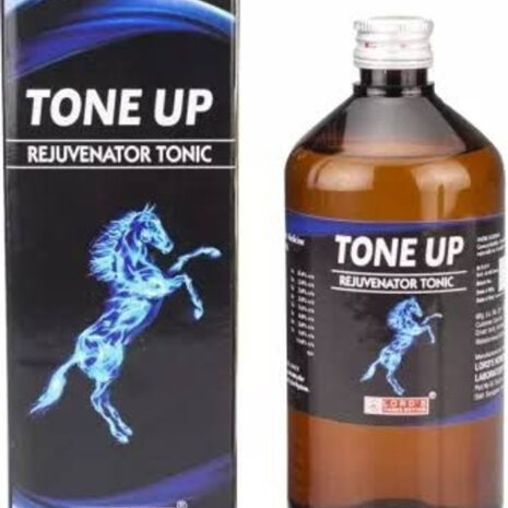 Image of a bottle and box labeled "Tone Up Rejuvenator Tonic" featuring a blue horse design.