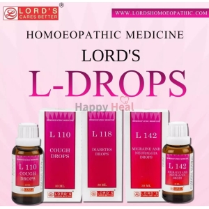 An assortment of Lord's homeopathic L-Drops including Cough, Diabetes, and Migraine and Neuralgia drops displayed with branding.
