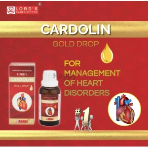 Homeopathic medicine Cardolin in a bottle and box, promoting heart disorder management with a gold drop and heart illustrations.