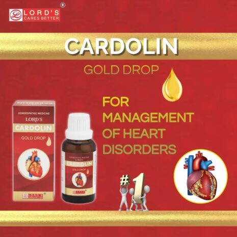 Homeopathic medicine Cardolin in a bottle and box, promoting heart disorder management with a gold drop and heart illustrations.