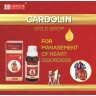 Homeopathic medicine Cardolin in a bottle and box, promoting heart disorder management with a gold drop and heart illustrations.