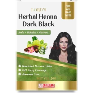 Packaging of Lord's Herbal Henna, featuring natural ingredients and a model with dark hair, highlighting benefits like nourishment and ammonia-free formula.