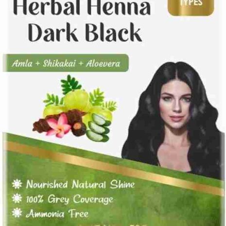 Packaging of Lord's Herbal Henna, featuring natural ingredients and a model with dark hair, highlighting benefits like nourishment and ammonia-free formula.