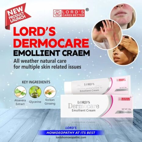 A promotional image for Lord's Dermocare Emollient Cream highlighting its benefits for various skin issues, featuring key ingredients like Aloe Vera, Glycerine, and Korean Ginseng.