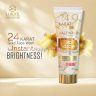 A tube of 24 Karat Gold Face Wash with branding, highlighting its properties like "HD Glow" and "Paraben & Sulphate Free," set against a soft, glowing background.