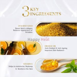 An infographic highlighting 24 Karat Gold, Orange Oil, and Vitamin E as essential ingredients for skincare, along with their benefits.