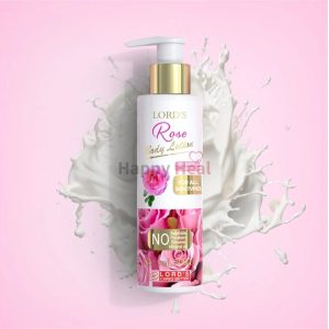 A bottle of LORD'S Rose Body Lotion featuring a sleek design, highlighting key ingredients and benefits against a soft pink background with splashes of cream.