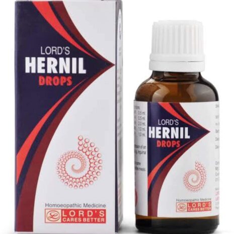 Lord's Hernil Drops: Homeopathic Remedy A bottle of Lord's Hernil Drops alongside its box, showcasing the label and branding for a homeopathic medicine.