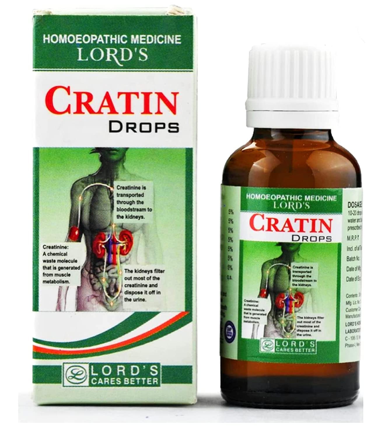 Bottle of Cratin Drops with packaging, highlighting its function related to creatinine and kidney health.