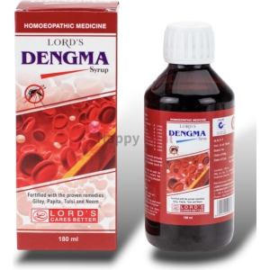 A bottle and box of Lord's Dengma Syrup, a homeopathic remedy fortified with natural ingredients like Giloy, Papita, Tulsi, and Neem, designed to support immune health.