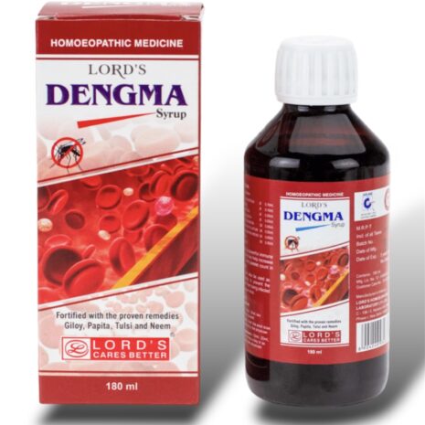A bottle and box of Lord's Dengma Syrup, a homeopathic remedy fortified with natural ingredients like Giloy, Papita, Tulsi, and Neem, designed to support immune health.