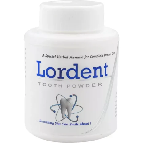 Container of Lordent Tooth Powder featuring a special herbal formula for dental health.