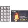 Packaging of VIGOR-M tablets featuring a blister pack and a branded card highlighting its benefits for male pleasure.
