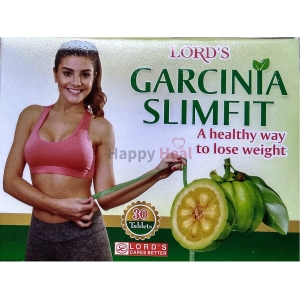 Box packaging featuring a woman measuring her waist with a tape while promoting the Garcinia Slimfit tablets for healthy weight loss.