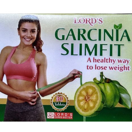 Box packaging featuring a woman measuring her waist with a tape while promoting the Garcinia Slimfit tablets for healthy weight loss.