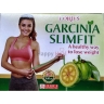 Box packaging featuring a woman measuring her waist with a tape while promoting the Garcinia Slimfit tablets for healthy weight loss.