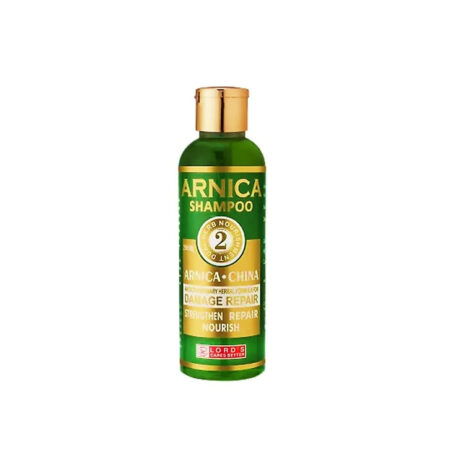 Arnica Shampoo for Damage Repair A green bottle of Arnica Shampoo featuring labels that emphasize its damage repair and nourishing properties.