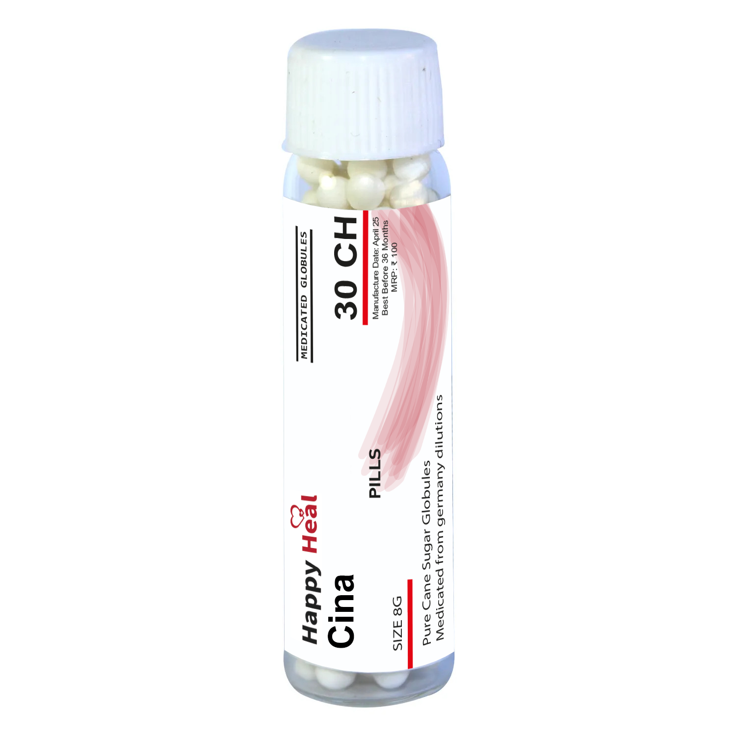 A bottle of homeopathic pills labeled 'Happy Heal Cina 30 CH', containing medicated globules made of pure cane sugar.