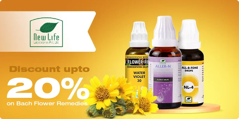 Three homeopathic remedy bottles with yellow flowers on a vibrant background, featuring a discount offer of up to 20% on Bach Flower Remedies.