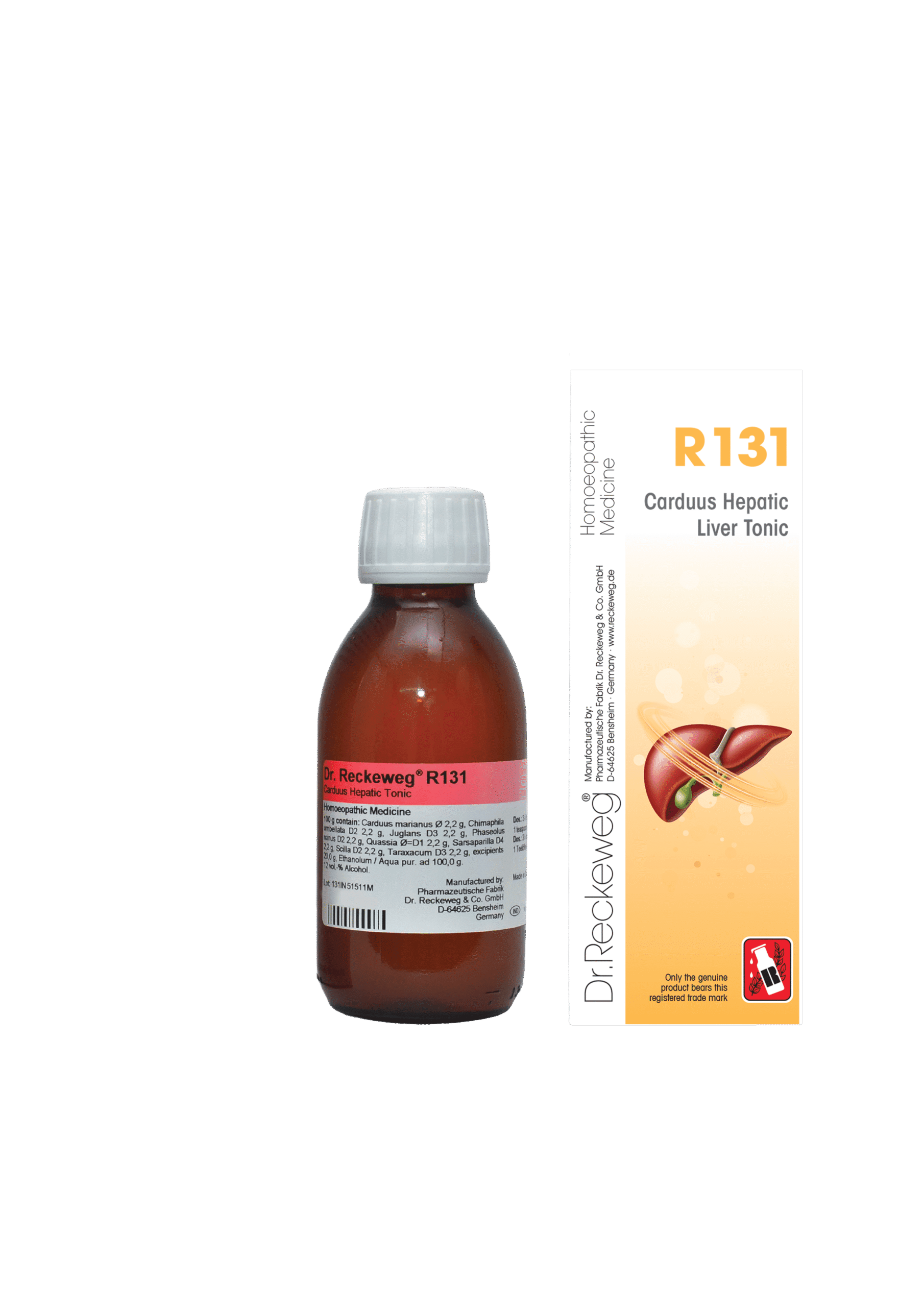 A bottle of Dr. Reckeweg R131 Carduus Hepatic Liver Tonic alongside its packaging, featuring a detailed description and liver graphic.