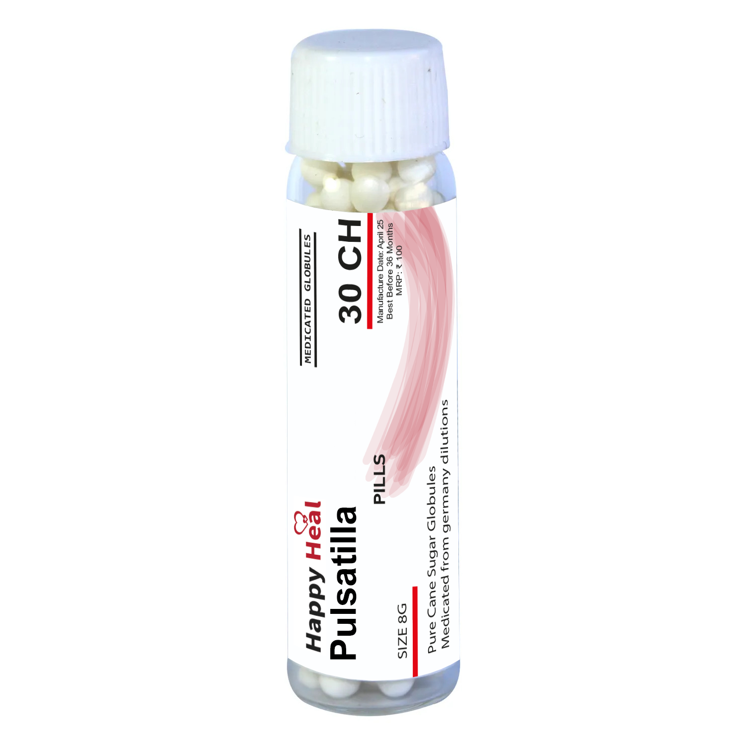 Bottle of Happy Heal Pulsatilla homeopathic pills, labeled 30 CH, containing pure cane sugar globules.