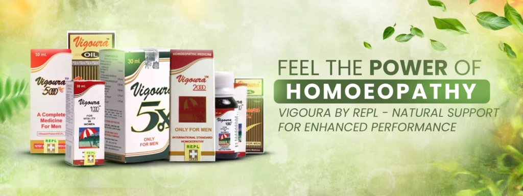 Display of various Vigoura homoeopathic medicines for men's and women's vitality, promoting natural support and performance enhancement.