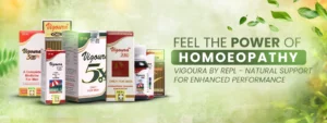 Display of various Vigoura homoeopathic medicines for men's and women's vitality, promoting natural support and performance enhancement.