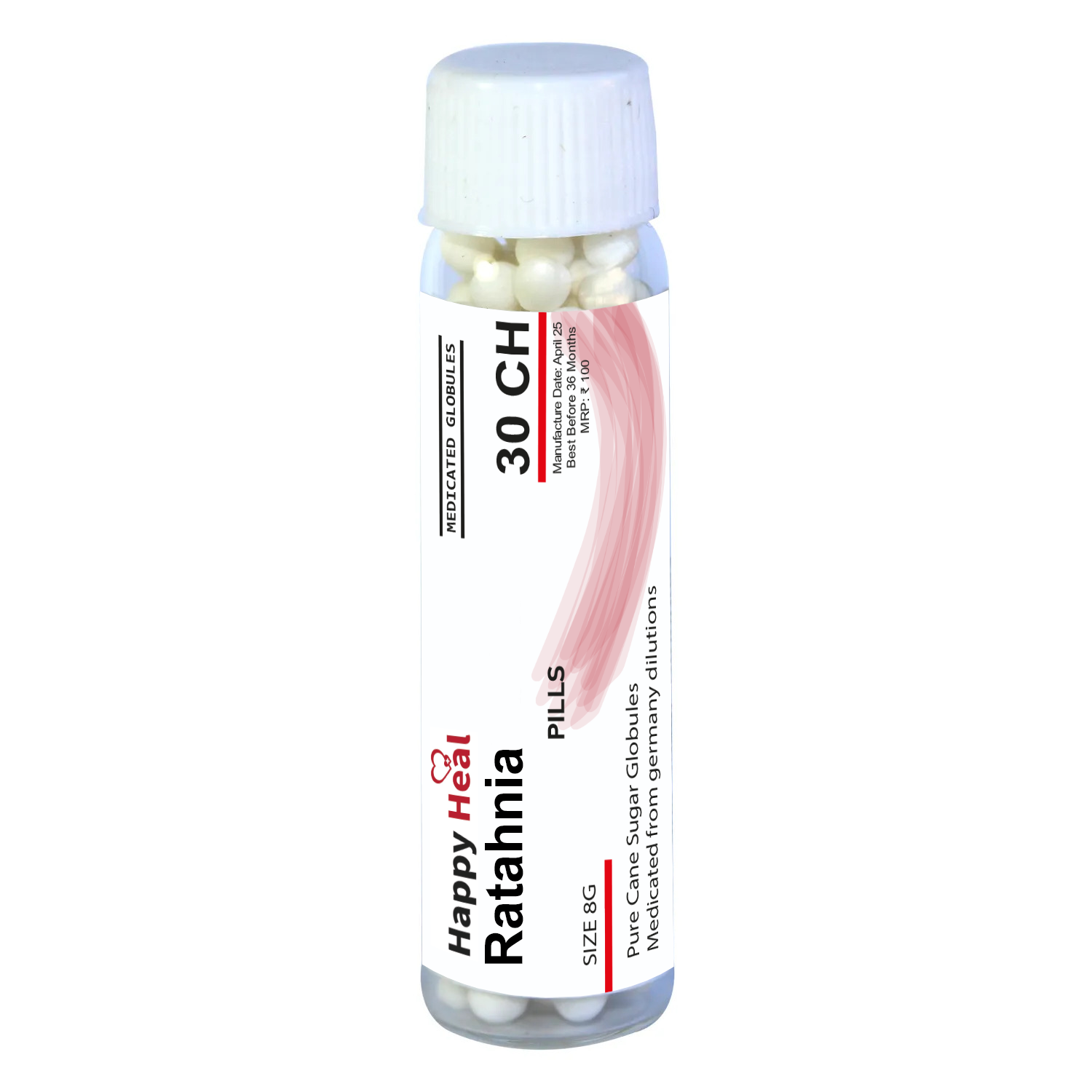 Rathania Homeopathic Pills Bottle:::Visual of a clear bottle containing small white globules labeled "Happy Heal Rathania 30 CH" with details about the product and its size.