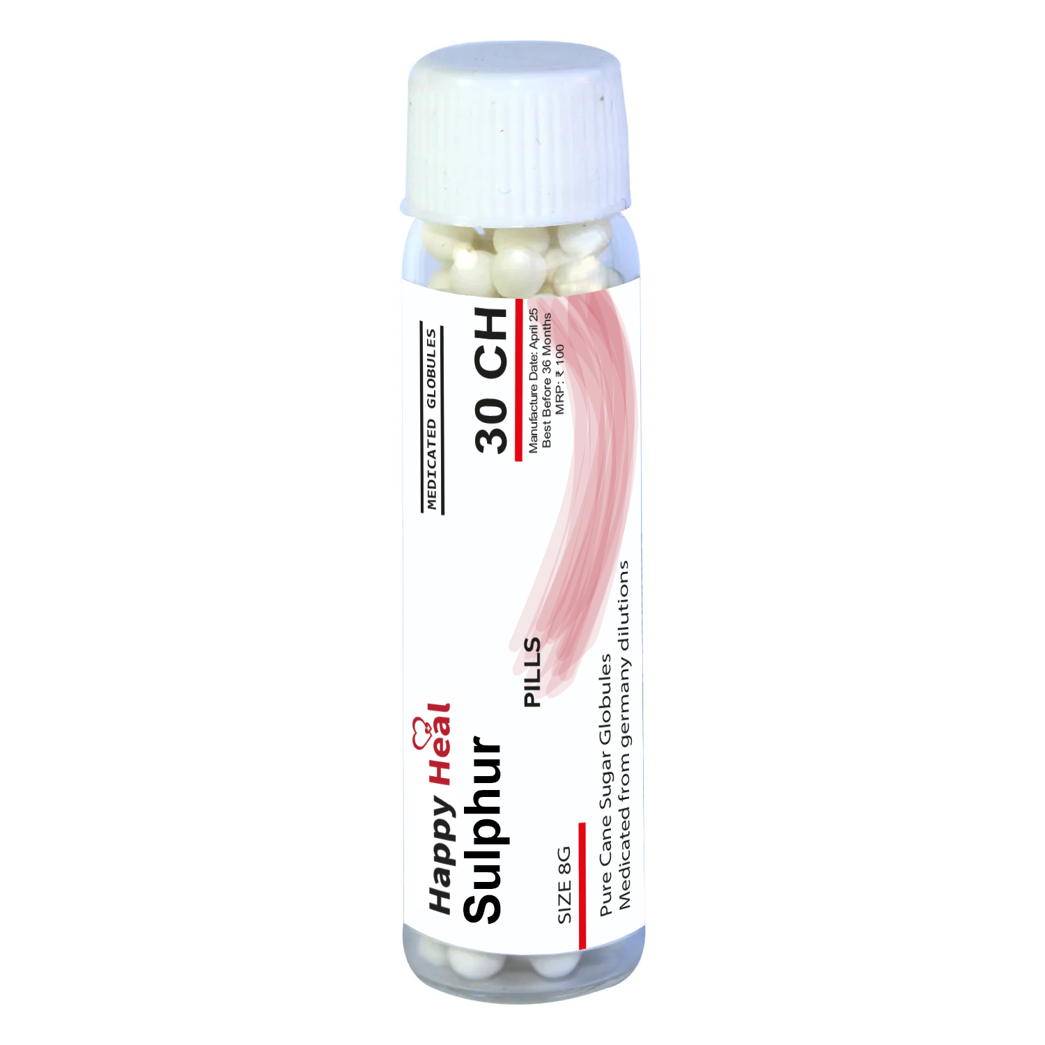 Bottle of Happy Heal Sulphur homeopathic pills labeled 30 CH, containing medicated globules made from pure cane sugar.