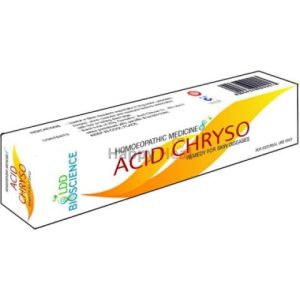 Box of Acid Chryso homeopathic remedy, labeled for treatment of skin diseases.