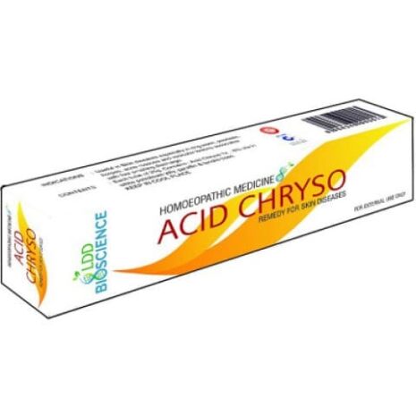 Box of Acid Chryso homeopathic remedy, labeled for treatment of skin diseases.