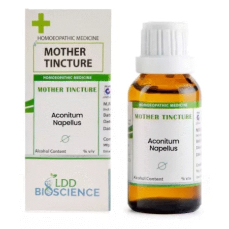 Mother Tincture Aconitum Napellus::A bottle and box of Aconitum Napellus mother tincture, a homoeopathic medicine with alcohol content indicated.