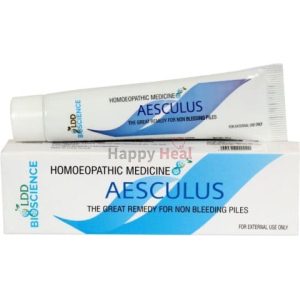 A tube of AESCULUS homoeopathic medicine alongside its box, labeled as a remedy for non-bleeding piles, intended for external use only.