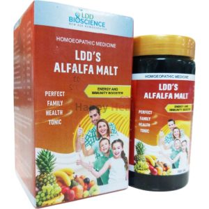 Image of LDD's Alfalfa Malt homeopathic medicine packaging, featuring colorful fruits and graphics highlighting its health benefits for families.
