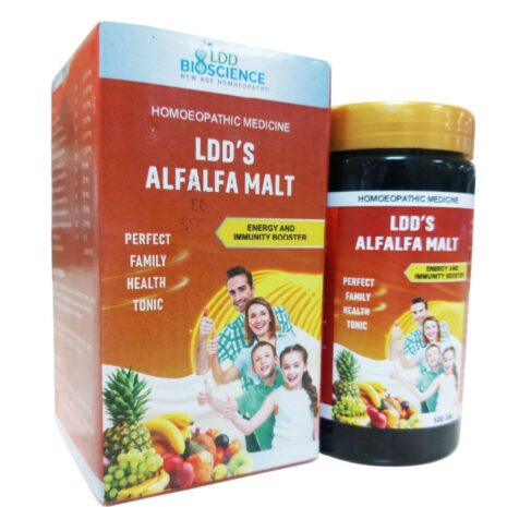 Image of LDD's Alfalfa Malt homeopathic medicine packaging, featuring colorful fruits and graphics highlighting its health benefits for families.