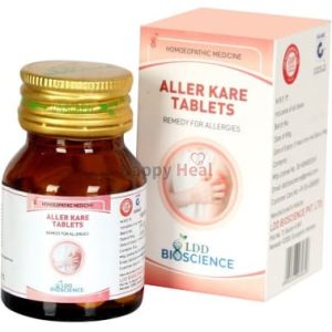 A brown glass bottle of Aller Kare Tablets for allergies next to its packaging displaying the product name and health benefits.