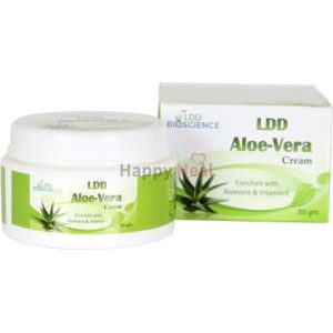 Aloe Vera cream jar and box featuring natural ingredients with branding and product details.
