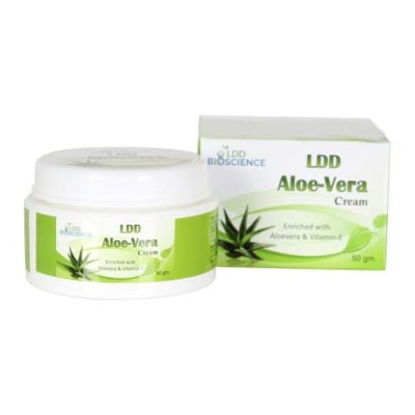 Aloe Vera cream jar and box featuring natural ingredients with branding and product details.