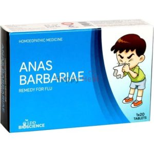 Packaging of Anas Barbariae homeopathic medicine for flu, featuring a child sneezing on the front.