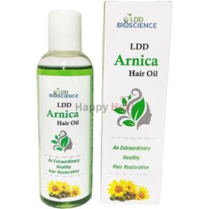 Bottle and packaging of LDD Bioscience Arnica Hair Oil, promoting healthy hair restoration.