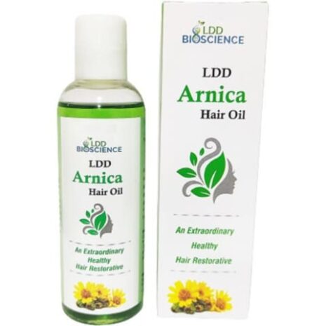 Bottle and packaging of LDD Bioscience Arnica Hair Oil, promoting healthy hair restoration.