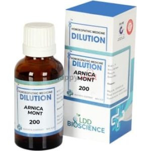 A bottle of homeopathic Arnica Montana 200C dilution alongside its packaging, labeled for use in homeopathic medicine.