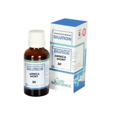 A glass bottle of Arnica Montana homeopathic dilution with a blue and white labeled box, featuring the text "Dilution" and "Arnica Mont 30."