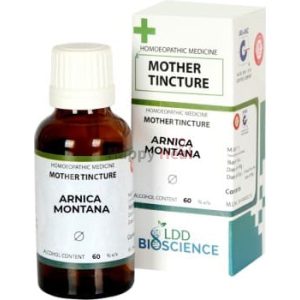 Bottle of Arnica Montana mother tincture with packaging, displaying details on homeopathic use and alcohol content.