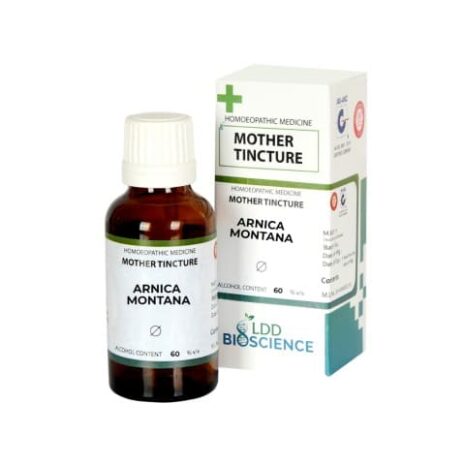 Bottle of Arnica Montana mother tincture with packaging, displaying details on homeopathic use and alcohol content.