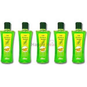 Five bottles of LDD Arnica shampoo displayed with vibrant green packaging and yellow floral accents.