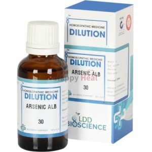 A brown glass bottle of Arsenic Alb 30 dilution with a white cap, alongside its blue and white packaging box labeled with product information.