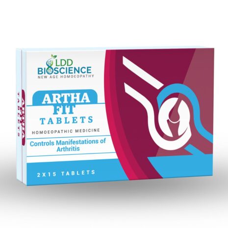 A box of ARTHA FIT tablets by LDD Bioscience, designed to control arthritis symptoms, featuring branding and product information.